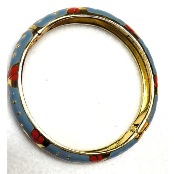 Goldtone Blue Red Flower Enamel Metal Cloisonne Hinged Bangle Bracelet 7" - Picture 4 of 4